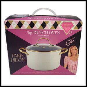 Paris Hilton 5qt Dutch Oven w/Glass Lid - Non-Stick Aluminum Pot - White/Gold